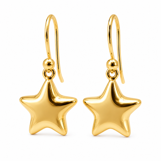 Genuine 9ct 9k 375 Yellow, White or Rose Gold Bubble Drop Star Hook Earrings