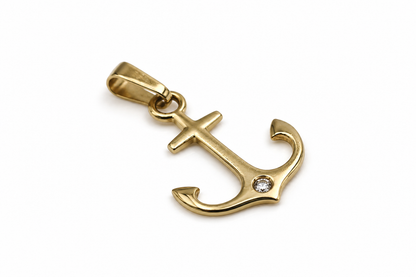 Genuine 14ct 14k 585 Yellow Gold Anchor CZ Charm Pendant Nautical
