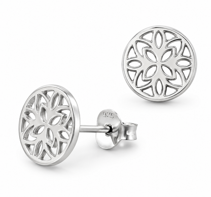 Sterling Silver 925 Childs Small Round Cut-Out Flower Studs Earrings