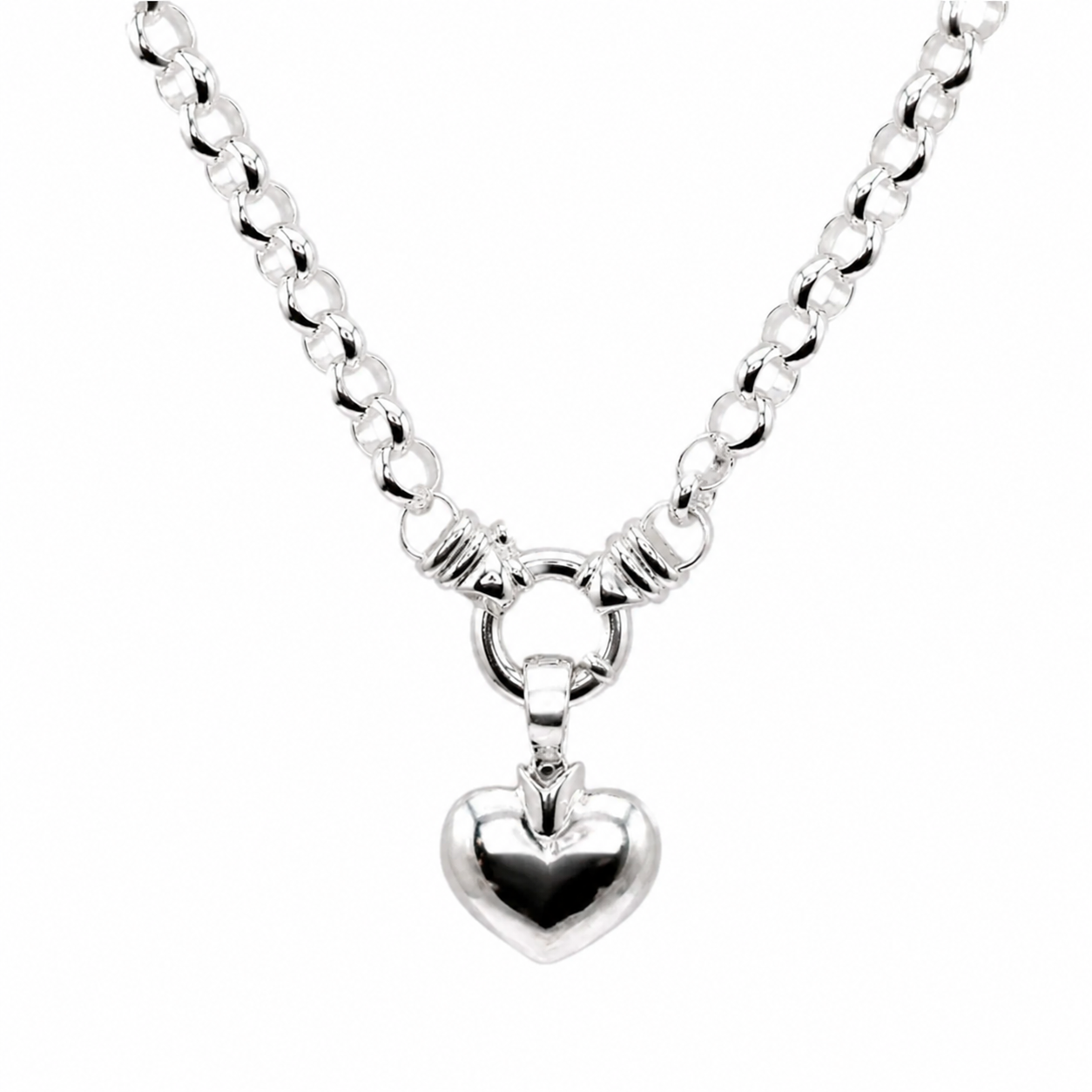 Sterling Silver 50cm Heavy Belcher Chain Necklace Bolt Ring + Heart Enhancer Pendant