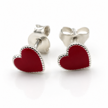 Sterling Silver 925 Small Childs Hot Pink Enamel Heart Studs Earrings