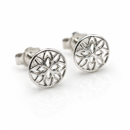 Sterling Silver 925 Childs Small Round Cut-Out Flower Studs Earrings