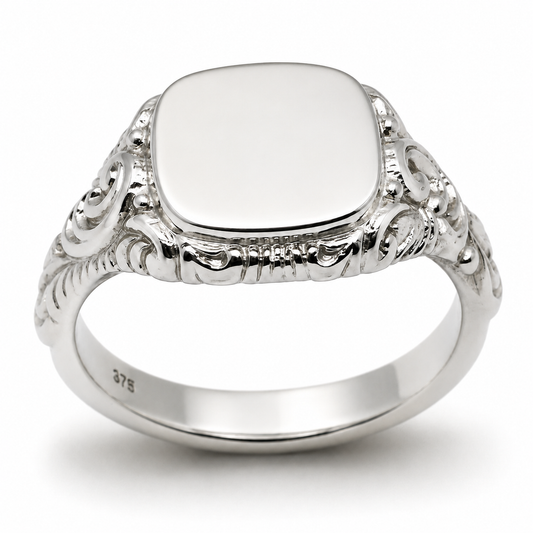 Kaedesigns Solid Genuine 9ct 9kt 375 White Gold Square Engraved Signet Ring 335 - Choose your ring size Q to Z