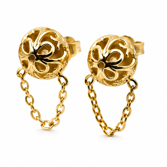 Genuine 9ct 9K 375 Yellow, Rose or White Gold 375 Half Ball 10mm Stud Filigree + Chain Earrings