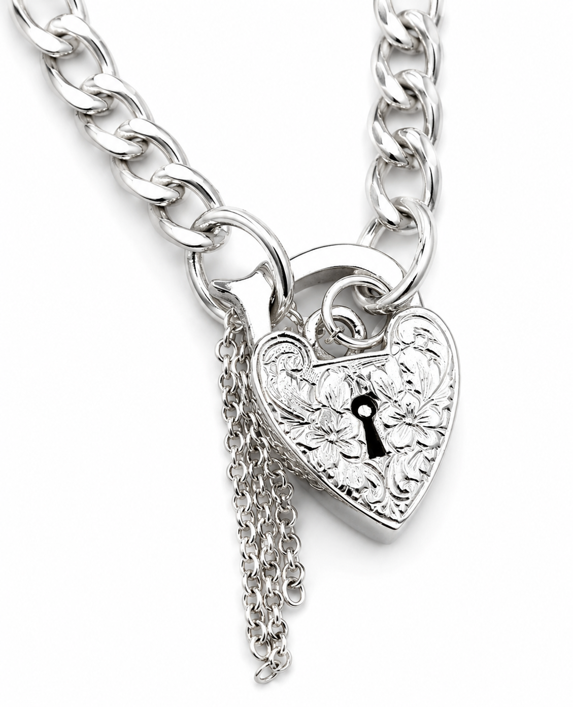 Genuine 925 Sterling Silver Curb Link Heart Padlock Bracelet