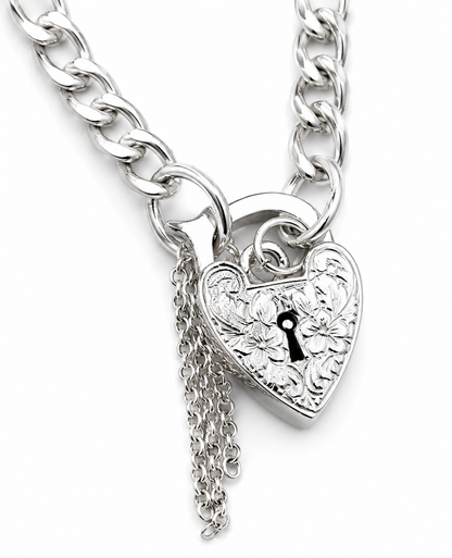 Genuine 925 Sterling Silver Curb Link Heart Padlock Bracelet