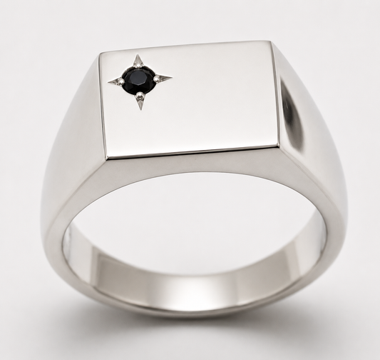 Solid Sterling Silver 925 Black Sapphire Square Signet Ring - Choose your size Q to Z
