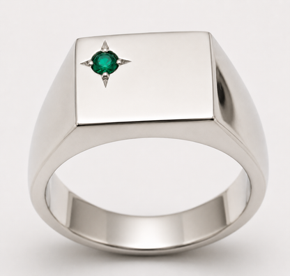 Solid Sterling Silver 925 Green Emerald Square Signet Ring - Choose your size H to P