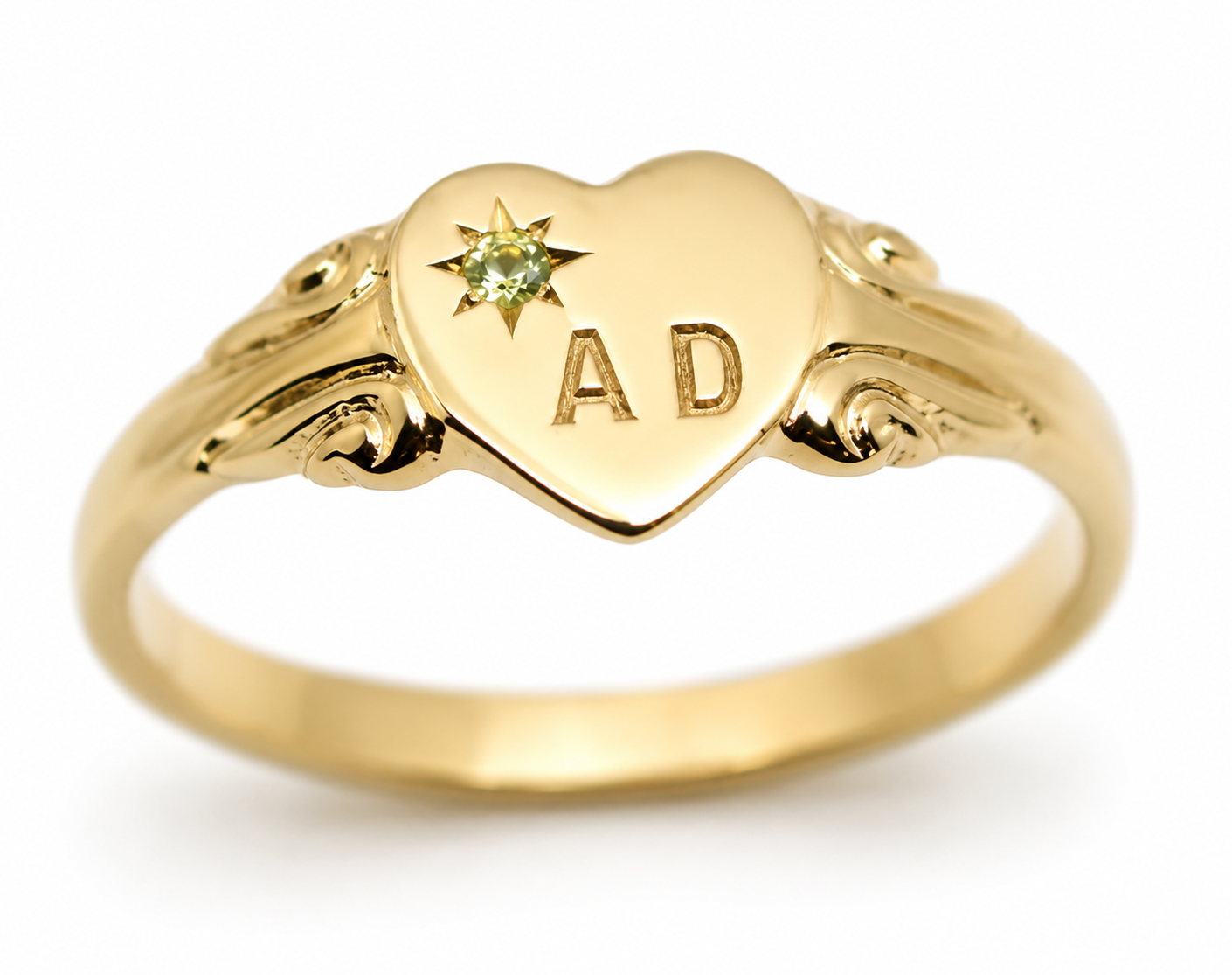 August Birthstone 9ct 9k 375 Yellow, Rose or White Gold 375 Green Peridot Stone Heart Signet Ring + Engraving - Choose your size H to P