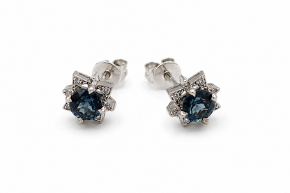 Genuine 18ct 18k 750 White Gold London Blue Topaz & Diamond Stud Earrings
