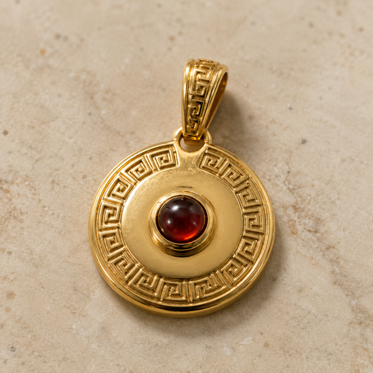 Genuine 9ct 9k 375 Yellow, Rose or White Gold Greek Key 4mm Cabochon Red Garnet 12mm Disc Round Circle Pendant