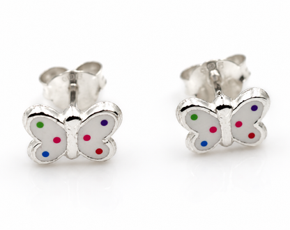 Genuine Sterling Silver 925 Enamel Polka Dot Butterfly Stud Earrings
