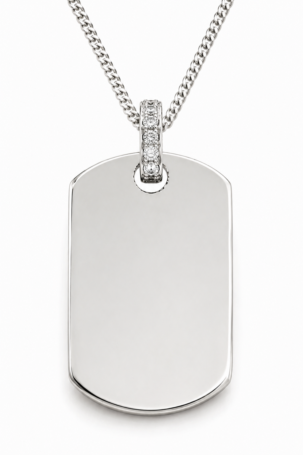 Sterling SIlver 925 Dog Tag Pendant with White CZ Bail Plus Curb Chain Necklace