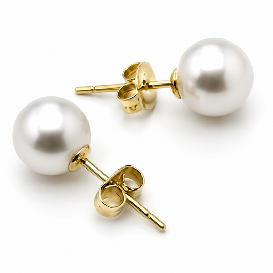 Genuine 9ct 9K 375 Yellow Gold 7mm White Pearl Ball Stud Earrings