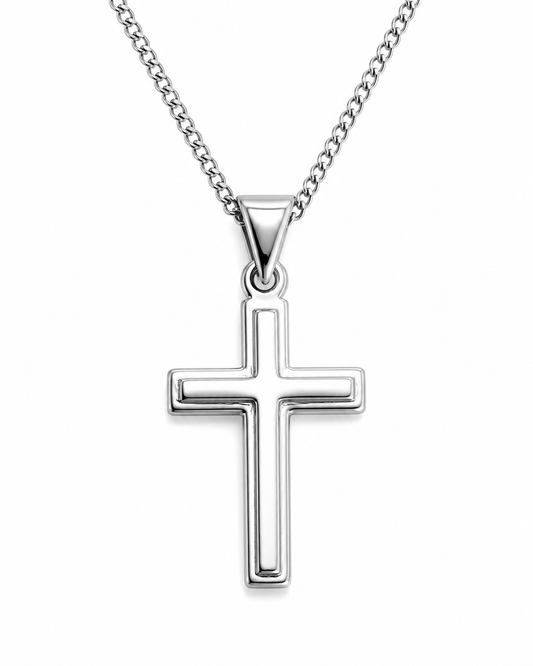 Genuine Small 9ct 9K 375 White Gold Plain Cross Pendant + Necklace Chain 50cm