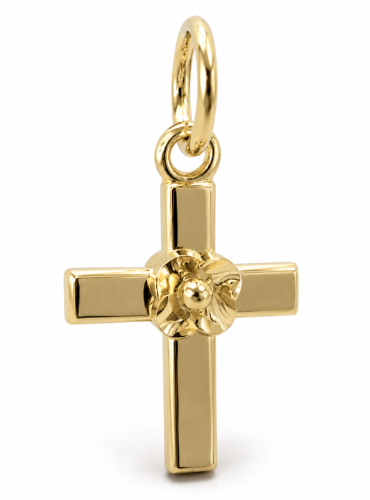 Genuine 9ct 9k 375 Yellow, Rose or White Gold Small Fancy Rose Flower Cross Tiny Small Pendant / Charm