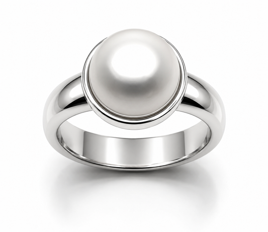Size S Solid Sterling Silver 925  & Freshwater Pearl Half Ball Ring