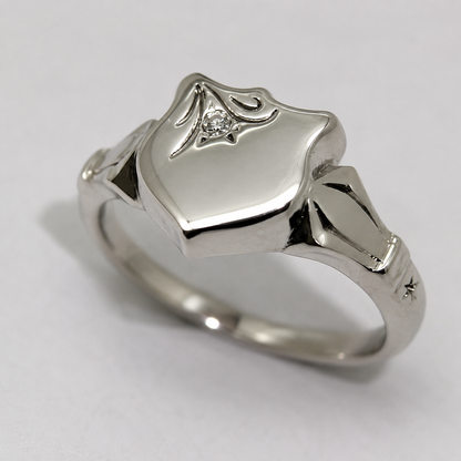 Genuine Solid 9ct 9kt 375 White Gold Shield Signet Ring Set With A Genuine Diamond - Choose your ring size H to P