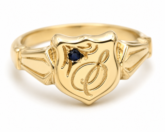 Solid Australian Sapphire 9ct 9k 375 Yellow Gold Shield Signet Ring + Engraving - Choose your ring size H to P
