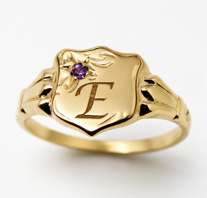 Genuine 9ct 9k 375 Small Yellow Gold Amethyst Shield Signet Ring + Engraving Of One Initial -  Choose your ring size -H to L
