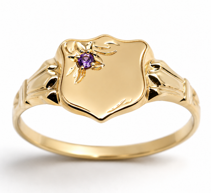 Genuine 9ct 9k 375 Small Yellow, Rose or White Gold Amethyst Shield Signet Ring - Choose your size H to P