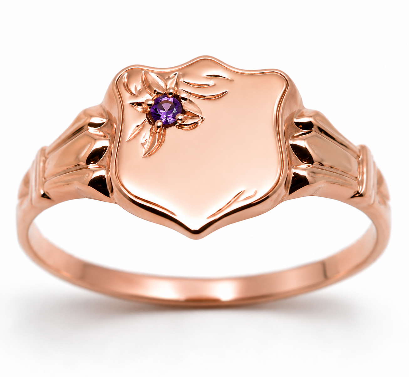 Genuine 9ct 9k 375 Small Yellow, Rose or White Gold Amethyst Shield Signet Ring - Choose your size H to P