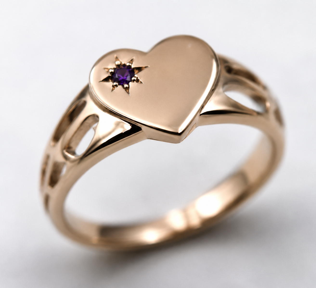 Genuine 9ct 9k 375 Yellow, Rose or White Gold Amethyst (Birthstone Of February) Etched Heart Signet Ring
