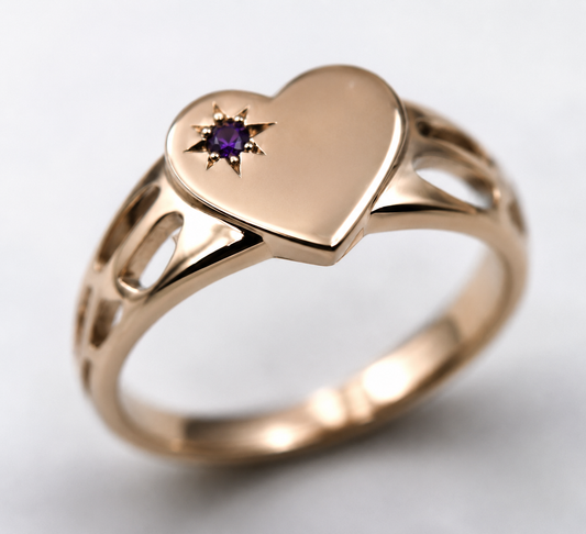 Genuine 9ct 9k 375 Yellow, Rose or White Gold Amethyst (Birthstone Of February) Etched Heart Signet Ring