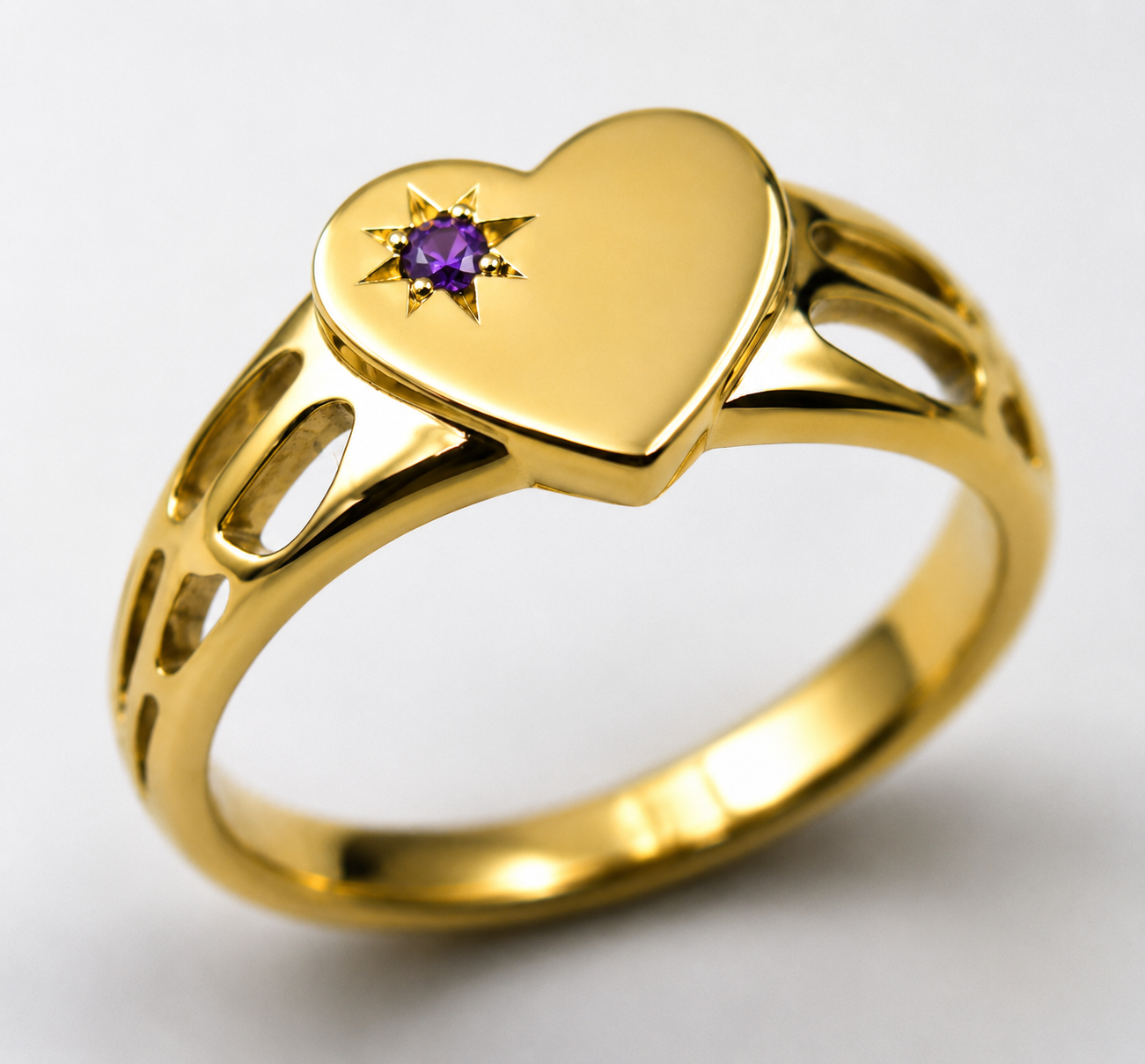 Genuine 9ct 9k 375 Yellow, Rose or White Gold Amethyst (Birthstone Of February) Etched Heart Signet Ring
