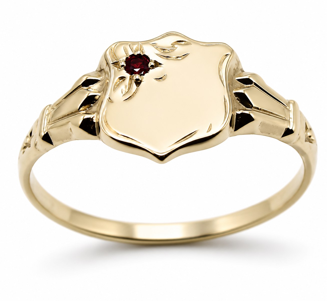 Genuine 9ct 9k 375 Small Yellow, Rose or White Gold Childs Ruby Shield Signet Ring - Choose your ring size D to K