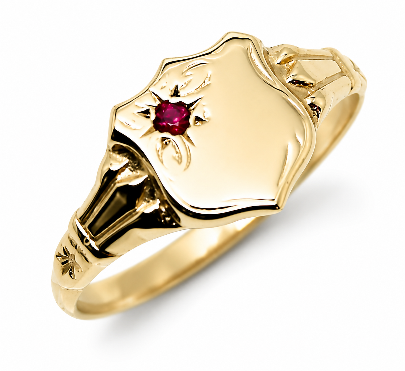 Genuine 9ct 9k 375 Small Yellow, Rose or White Gold Childs Ruby Shield Signet Ring - Choose your ring size D to K