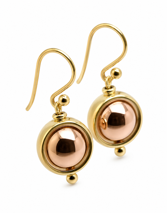 Genuine Large 9ct 9k 375 Rose & Yellow Gold Spinning Belcher Ball Earrings