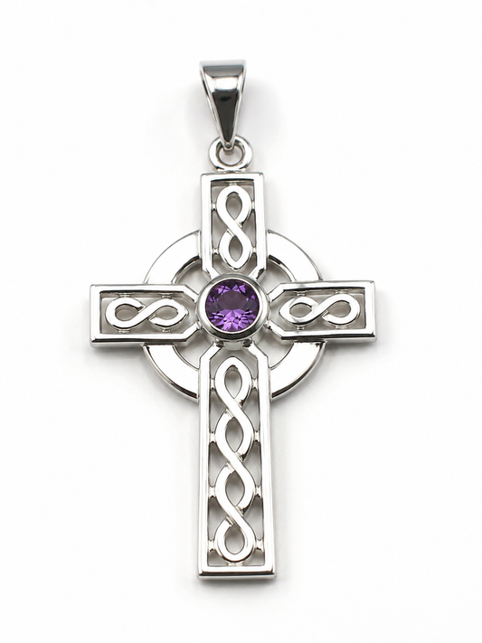 Sterling Silver 925 Large Amethyst Celtic Cross Pendant