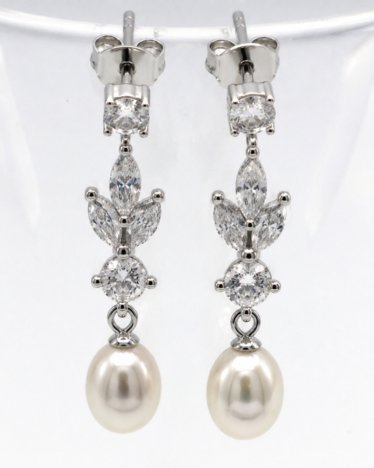 Sterling Silver CZ-Set Shell Pearl Drop Post Chandelier Earrings