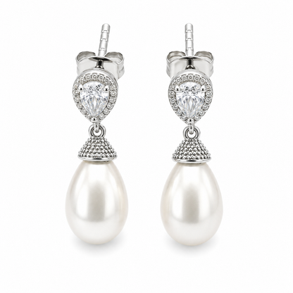 Sterling Silver 925 CZ-Set Shell Pearl Drop Post Earrings