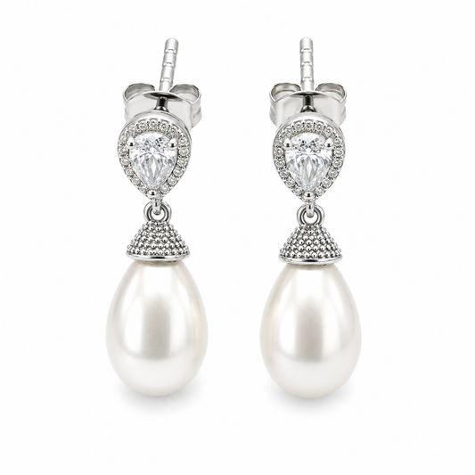 Sterling Silver 925 CZ-Set Shell Pearl Drop Post Earrings