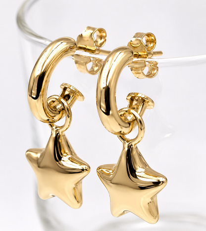 Genuine 9ct 9kt 375 Large Yellow, Rose or White Gold Dangle Bubble Puffed Star Stud Earrings
