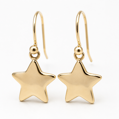 Genuine 9ct 9k 375 Yellow, Rose or White Gold Dangle Hook Star Flat Disc Earrings
