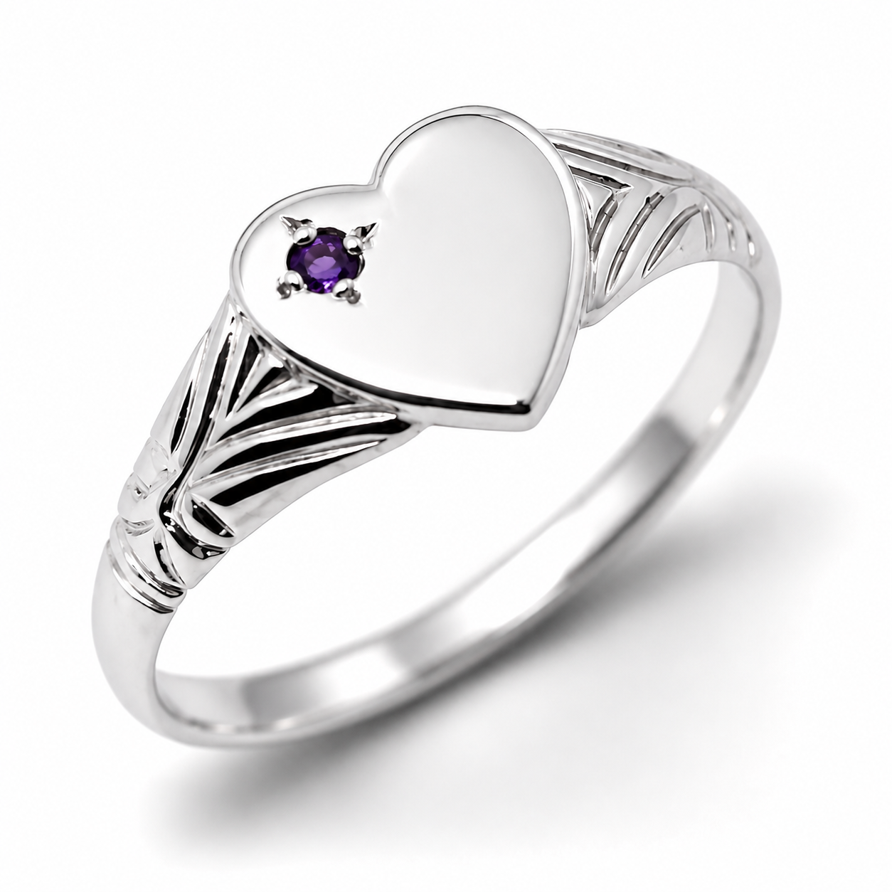 Kaedesigns Sterling Silver 925 Heart Amethyst Set Signet Ring