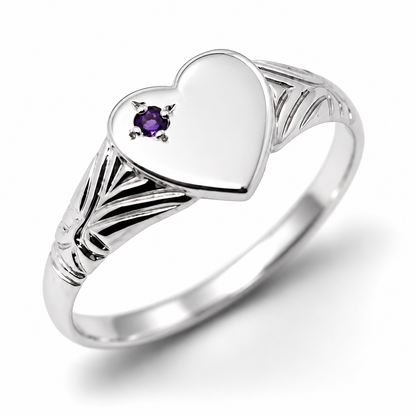 Kaedesigns Sterling Silver 925 Heart Amethyst Set Signet Ring