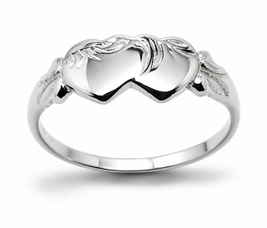 Size M Genuine 9ct 9k 375 White Gold Double Heart Signet Ring