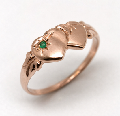 Genuine 9ct 9k 375 Yellow, Rose or White Gold Double Heart Green Emerald Signet Ring May birthstone