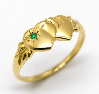 Genuine 9ct 9k 375 Yellow, Rose or White Gold Double Heart Green Emerald Signet Ring May birthstone
