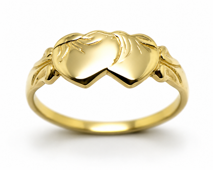 Solid 9ct 9Kt 375 Yellow Gold Double Heart Signet Ring - Choose your size
