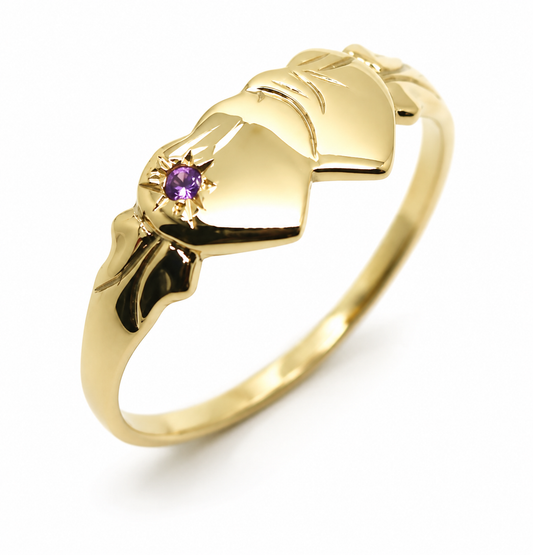 Genuine 9ct 9k 375 Yellow Gold Double Heart Yellow Purple Amethyst February Birthstone Signet Ring In your size