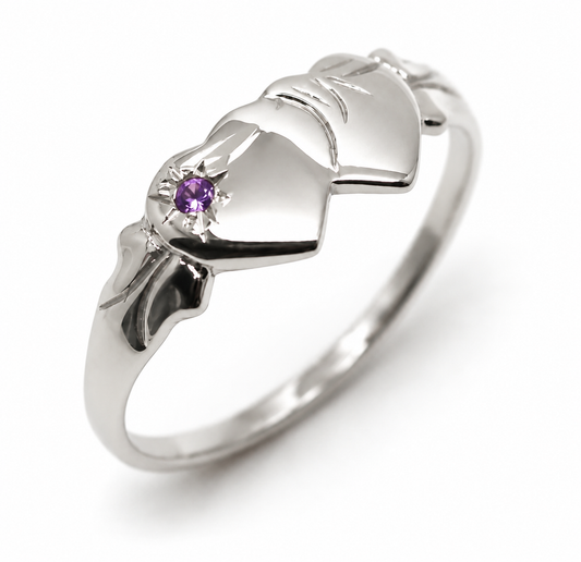 Genuine 9ct 9k 375 White Gold 375 Amethyst (Birthstone Of February) Double Heart Signet Ring Sizes P, Q, R, S, T (Copy)