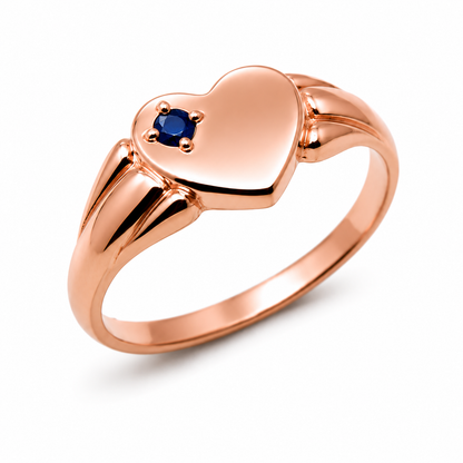 Genuine 9ct 9k 375 Yellow, Rose or White Gold Heart Sapphire Signet Ring - September Birthstone