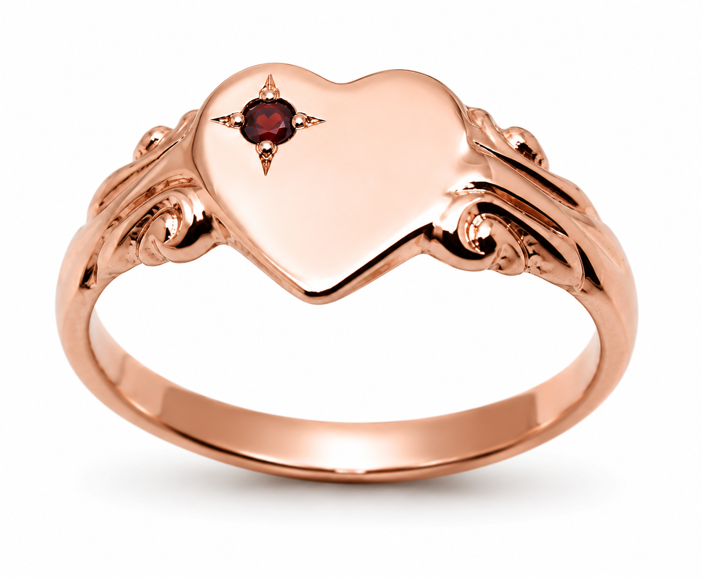 Genuine 9ct 9k 375 Yellow, Rose or White Gold Heart Garnet Signet Ring - January Birthstone