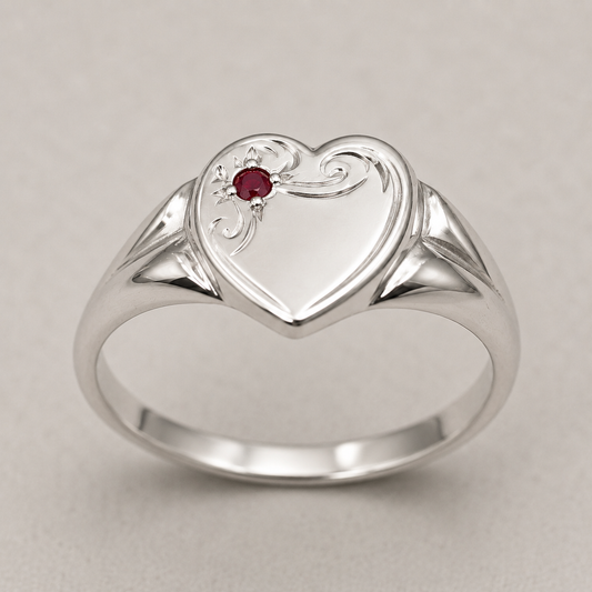 Genuine Large Sterling Silver 925 Heart Set with Garnet Signet Ring - Choose your size
