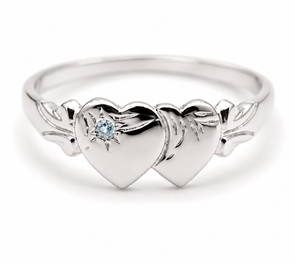 Genuine 9ct 9k 375 Yellow, Rose or White Gold Double Heart Blue Topaz Signet Ring (November Birthstone)